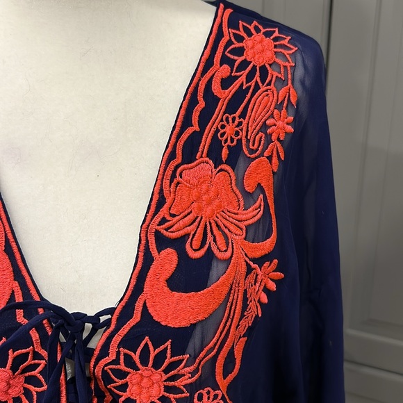 Beach Cover Up Mid-Length Kaftan with coral embroidery - Picture 6 of 16